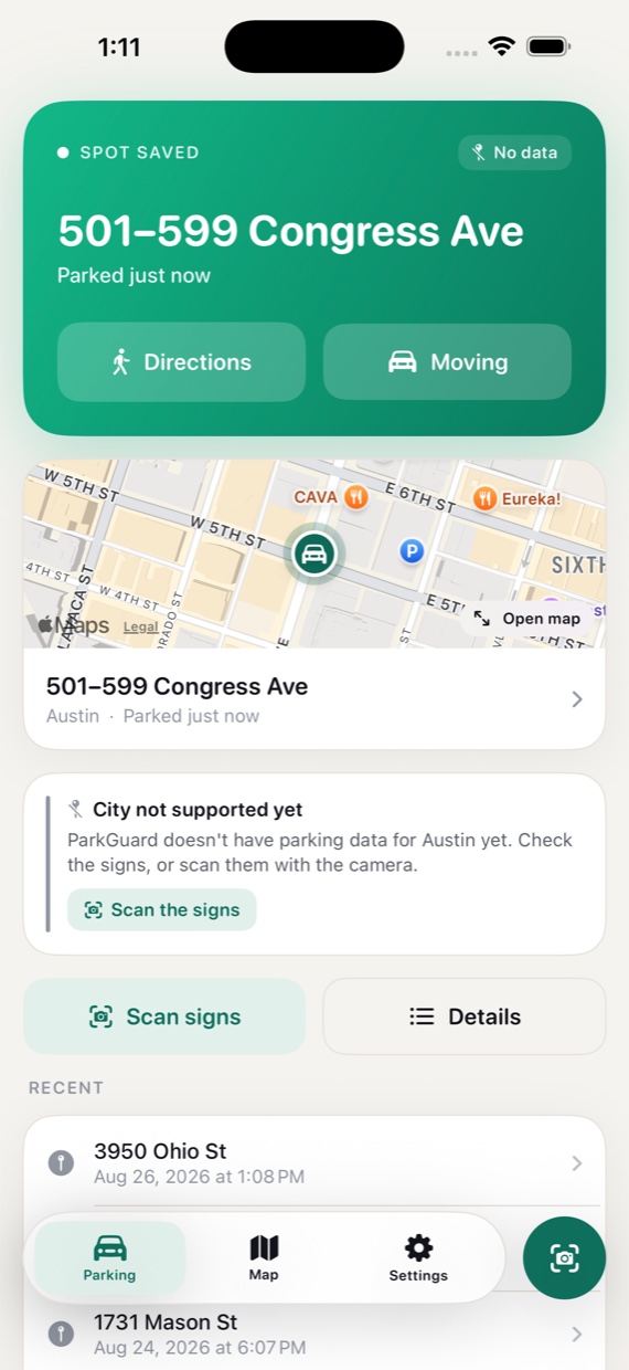 Home screen in Austin, Texas showing the saved spot on Congress Avenue and a card explaining the city's parking data isn't loaded yet, with a button to scan the signs.