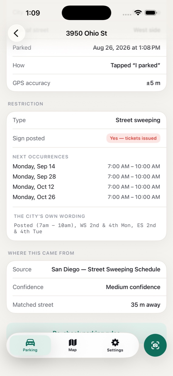Restriction detail screen listing the next four sweeping dates, the city's own wording, the source dataset, a medium confidence rating and the matched street distance.