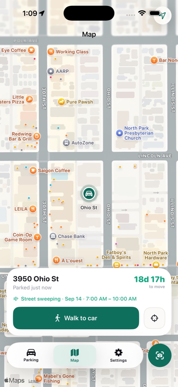 Map tab showing the parked car pin on Ohio Street with a card reading "Walk to car" and the time remaining.