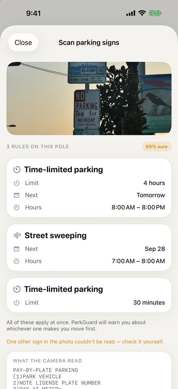 Sign scanner result reading "3 rules on this pole" with a 69% confidence chip, listing a 4-hour limit from 8 AM to 8 PM, Monday street sweeping from 7 to 8 AM, and a 30-minute limit.