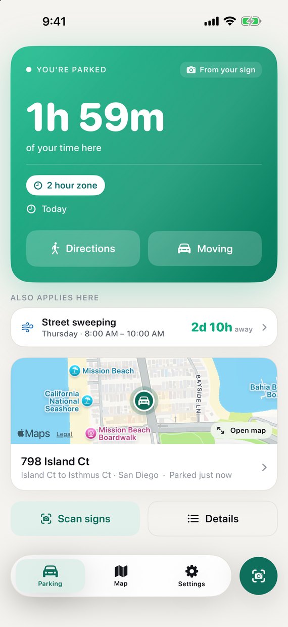 Home screen for a 2-hour zone read from a scanned sign: 1 hour 59 minutes of your time here, with street sweeping on Thursday listed underneath as 2 days 10 hours away.