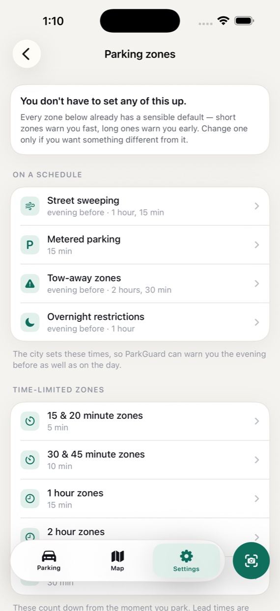Parking zones settings listing street sweeping, metered parking, tow-away, overnight and time-limited zones, each with its own reminder lead time.